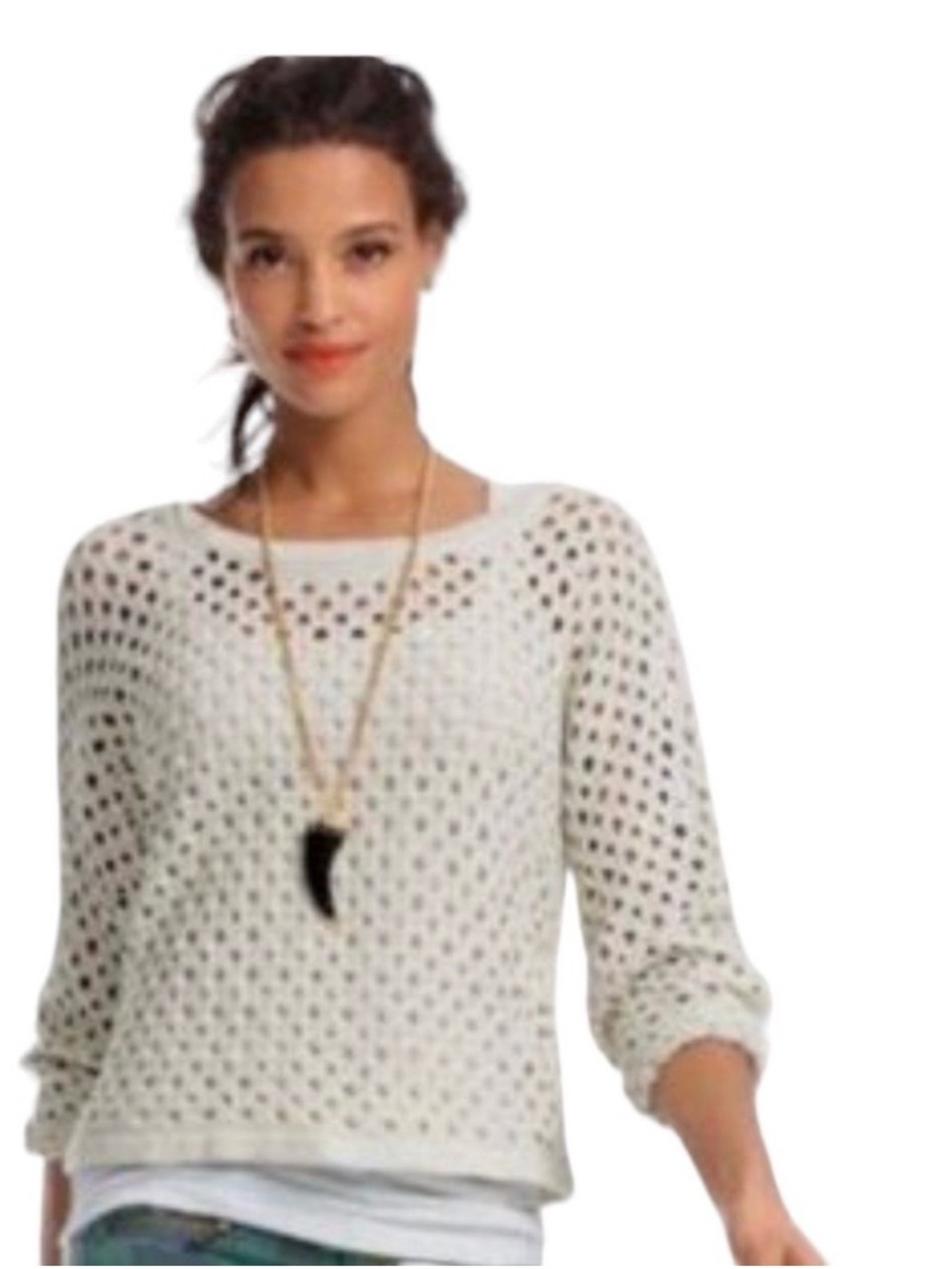 CABI #707 Seaside Crochet pullover Taupe Oatmeal Sweater  EUC Rare Vintage Small